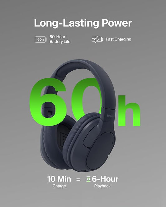 Belkin SoundForm Surround Bluetooth Over-Ear Headphones - Environmental Noise Cancelling Headphones - Wireless w/ 60H Playtime & Soft Ear Cups for iPhone, Galaxy, iPad, Travel, Home, or Office - Blue