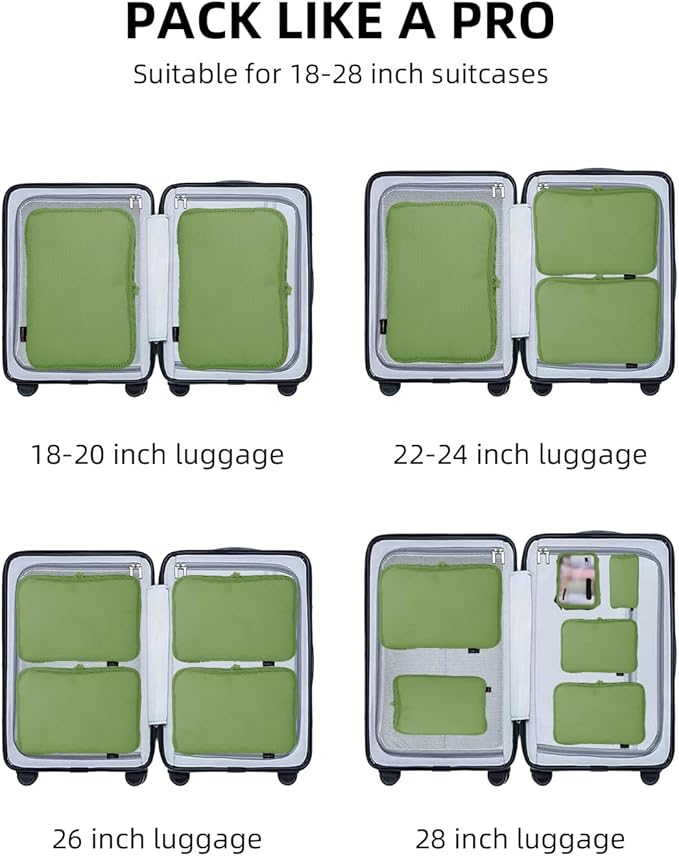 6 Set Compression Packing Cubes for Travel, Large Medium Small Luggage Organizers, Storage Bags for Clothes (6 Pack, Forest Green)