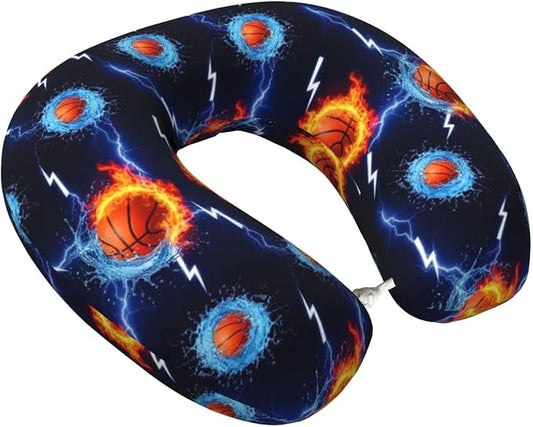 Travel Pillow for Men Women, Washable Relax U Shaped Neck Pillows for Car Head Pain Relief Sleeping Water Fire Flame Basketball Print Black