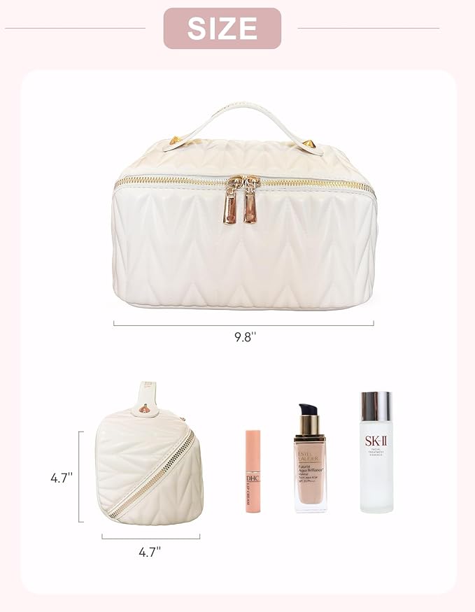 Travel Makeup Bag for Women, Large Capacity Cosmetic Bags for Girls, Compact Pouch Make up Organizer, Waterproof Toiletry Bag with Divider and Handle (White)