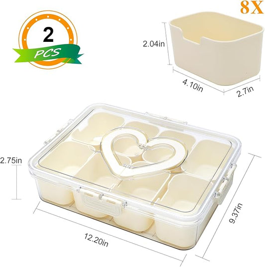 2 Pack Snackle Box Container,snack box-Divided Serving Tray with Lid and Handle with 8 Compartment,Portable Snack Serving Platters Reusable Storae Organizer for Fruits,Nuts,Candy,Party,Picnic