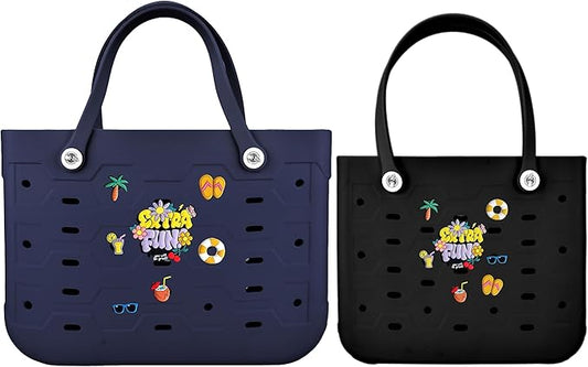 2-Piece Tote Bag Set, Waterproof Rubber Beach Bag with Summer Pattern, Medium & Large Handbag for Pool, Beach, Boat
