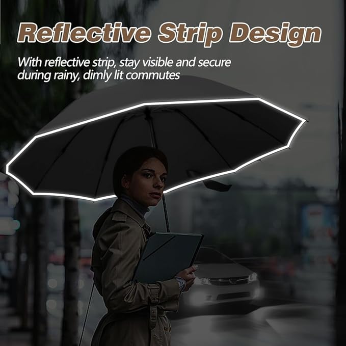 TOPSAIL 10 Ribs Inverted Umbrella with Carabiner Handle, Large Sturdy Folding Umbrellas Windproof for Rain & Sun, 49" Big Reverse Foldadble Umbrella for Travel Portable with Safe Reflective Strip, for Women Men