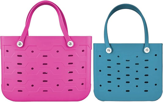 2-Piece Tote Bag Set, Waterproof Rubber Beach Bag with Summer Pattern, Medium & Large Handbag for Pool, Beach, Boat