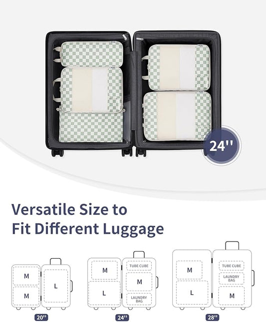 Narwey 5 Set Compression Packing Cubes for Travel, Luggage Packing Organizer Bags for Carry on Suitcase, Expandable Checkered Storage Bags with Laundry & Handle (Mint Green Checkerboard)