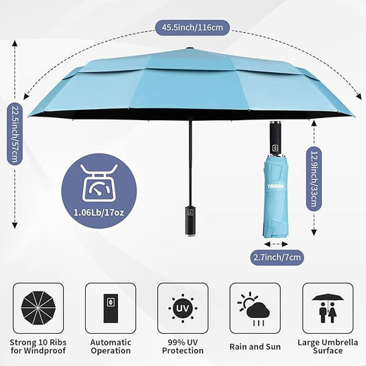 Yoobure Windproof Travel Umbrella with Wood Handle - Automatic Umbrellas for Rain & UV Sun Protection, Compact 46" Large Canopy, Lightweight Backpack Portable for Walking & Outdoor