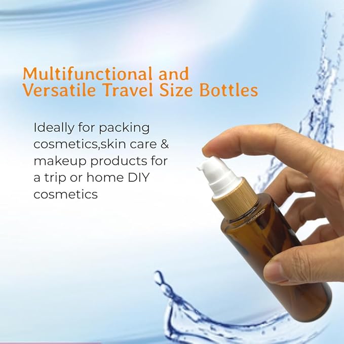 Empty Cosmetic Glass Lotion Bottles 2.6oz/80ml 4 PACK with Pump Refillable Dispenser for Emulsion,Moisturizer Cream Liquids,Essential Oil Skin Care Travel Containers(Brown Clear)