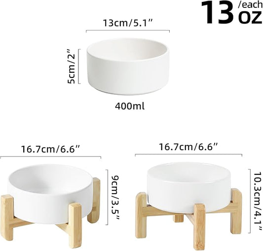 Ceramic Raised Dog and Cat Bowl Set, 2 Heights Elevated Stand, Food and Water Bowl for Small Breed Dogs, Cats, Kitty, Weighted Dog Dishes, Pet Bowls(5.1'',13.5oz, White)