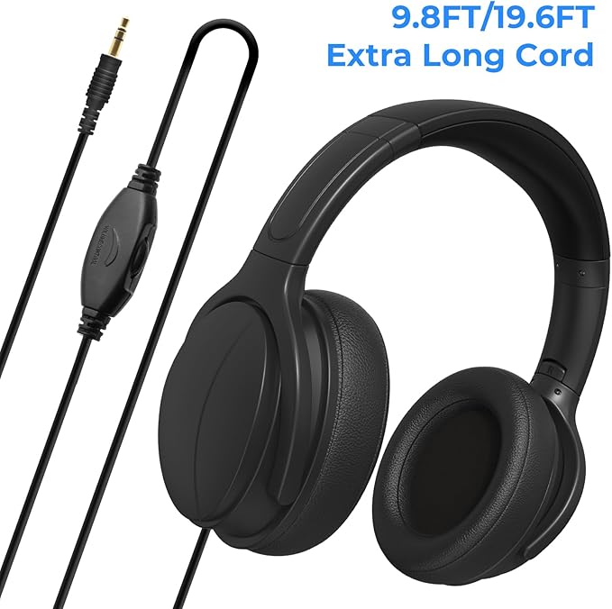 Long Cord Wired Headphones for tv with Volume Control, Over Ear Headphone tv Watching for Seniors with Extra Long Cord, Universal 3.5mm AUX Audio(19.6FT)