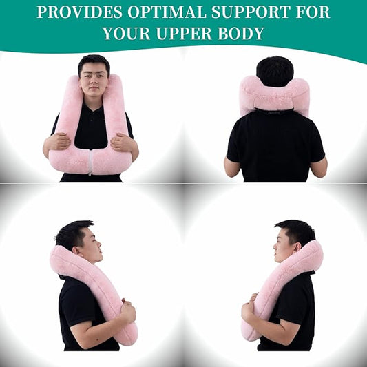 Travel Pillow Upgraded Version of Aircraft Travel Neck Pillow with Storage Bag, Sleep Pillows for Travel by Train, Car, or Plane, Supporting The Head and Body, Travel Pillow for Kids Pink