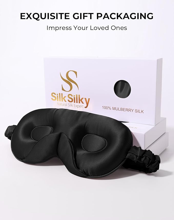SilkSilky 100% 22 Momme Mulberry Silk Sleep Mask – Upgraded 3D Contoured Eye Mask with Nose Wing Pads & Adjustable Strap, Luxury Blackout Eye Cover for Women & Men (Black)