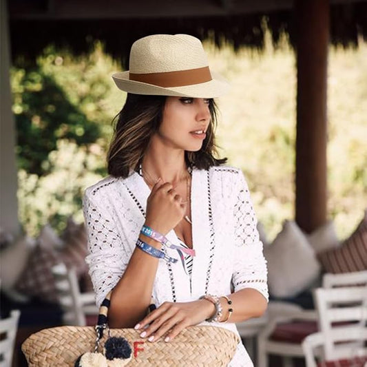 DRESHOW Women Straw Panama Hat Travel Fedora Beach Sun Hat Summer Wide Brim Straw Roll up Hat UPF 50+