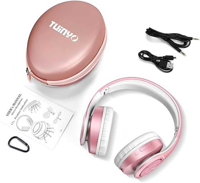 TUINYO Bluetooth Headphones Wireless, Over Ear Stereo Wireless Headset 40H Playtime with deep bass, Soft Memory-Protein Earmuffs, Built-in Mic Wired Mode PC/Cell Phones/TV- Rose Gold