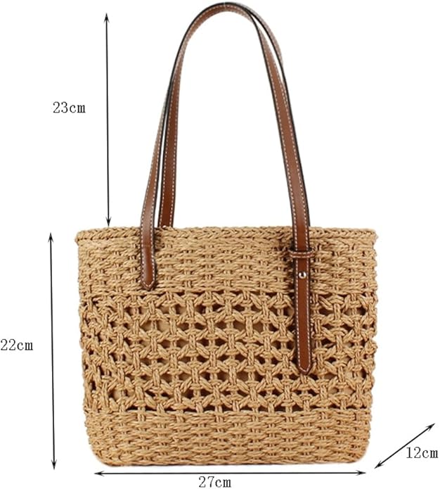 Womens Straw Tote Handbag - Summer Beach Bag with Top Handle - Handwoven Shoulder Bag - 2024