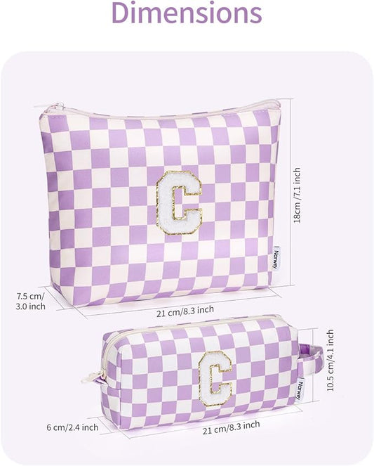 Narwey 2 Piece Personalized Initial Makeup Bag Checkered Cosmetic Bags, 6 8 10 11 12 13 14 16 18 Years Old Teen Girl Gifts Trendy Stuff Birthday Gifts for Women, Travel Toiletry Bag (Purple Letter C)
