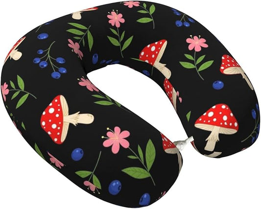 Travel Neck Pillows for Sleeping Rest Car Airplanes Floral Blueberry Red Mushrooms, Memory Foam with Removable Breathable Zipper Cover Washable for Men Women