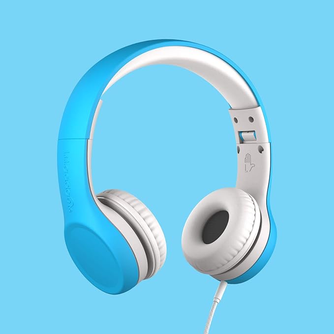 LilGadgets Connect+ Foldable Headphones, Adjustable Fit Soft Touch Padding for Kids with Mic, Volume-Limited & Noise Reduction On-Ear Wired Headset for School with SharePort - Blue, Ages 3-14