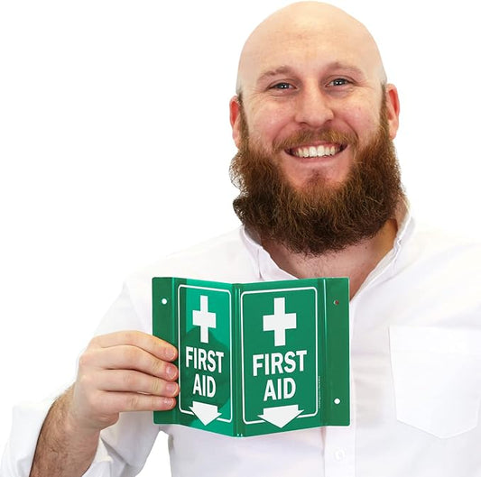 SmartSign "First Aid" Two-Sided V-Shaped Projecting Sign with Down Arrow and Symbol, 6 x 5 inch, 120 mil Polished Acrylic, Green/White, Made in USA