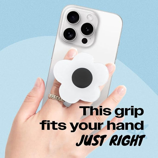 OnTheGrip Cute Solid Color Daisy Flower Design Collapsible Mobile Phone Grip Stand Holder for Smartphone Tablet Cell Phone Accessory (White Black)