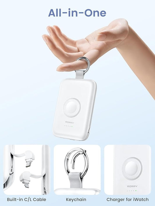 RORRY Portable Charger, 10000mAh PD 20W Fast Charging Portable Charger Power Bank with Built in Cables, Travel Battery Pack for iPhone 17/16/15/14/13/12 and Apple Watch Ultra/11/10/9/8/7/6/5, White