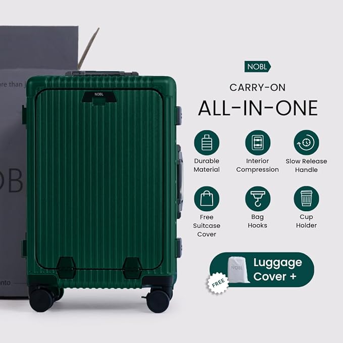 Nobl Travel Carry On Luggage, Noble Zipperless Aluminum Frame PC Hard Shell Suitcase, 22.5x15x9.5 Airline Approved, 360° Spinner Wheels, TSA Locks, USB Charging Port, Cup & Phone Holder -Forest Green