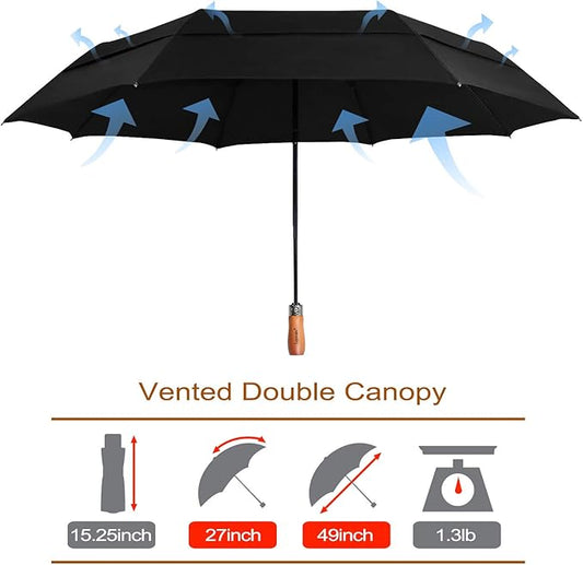 Lejorain Large Folding Golf Umbrella - Compact Mens Umbrellas Travel Rain and Windproof 54inch Collapsible Automatic Open Close Umbrella 210T Teflon Vented Double Canopy