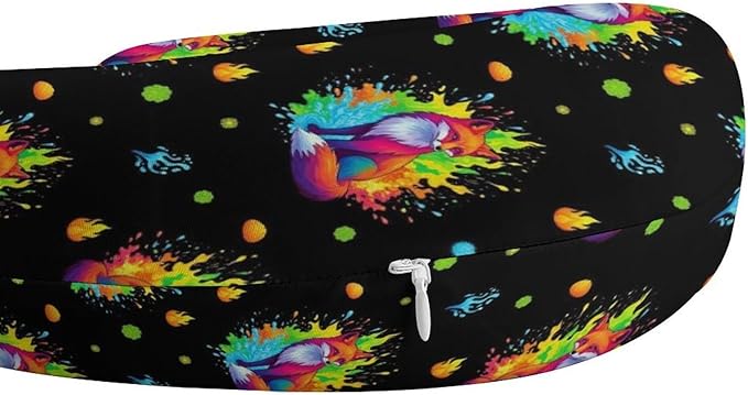 Memory Foam Travel Pillow Colorful Nine Tailed Fox Art, Breathable Chin Head Support, Washable Zip Cover for Airplane Car Office Pain Relief