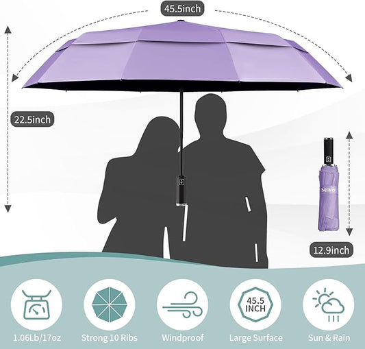 Seniny Travel Umbrella with Carabiner Handle, Windproof Large Umbrellas for Rain with Dual-Rib Structure, Portable Compact Umbrella with Reflective Strip, Car Backpack UV Umbrellas for Sun Protection