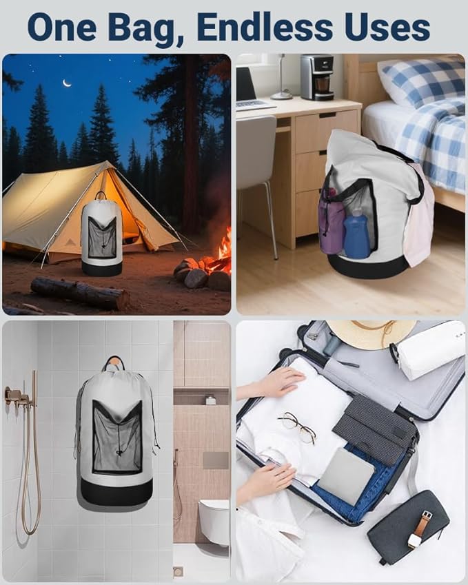 Laundry Bag with Shoulder Straps and Mesh Pocket Laundry Backpack Large Portable Laundry Hamper for College Laundromat Apartment
