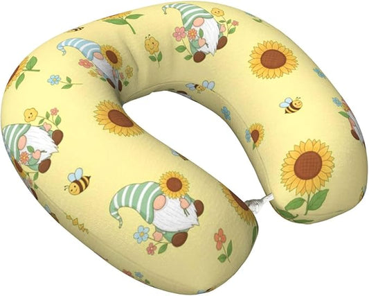 Funny Neck Pillow Support for Car Flight Rest Honey Bees Cute Gnome Sunflower Floral, Memory Foam U Shaped Decor Head Cushion for Home Outdoors Travel