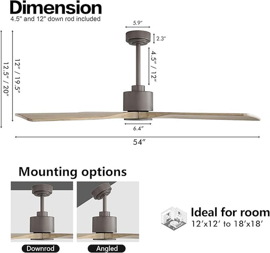 WINGBO 54 Inch DC Ceiling Fan without Lights, 4 Carved Solid Wood Blades, 6-Speed Noiseless Reversible DC Motor, Modern Ceiling Fan No Light with Remote, Graphite Finish with Gray Blades, ETL Listed