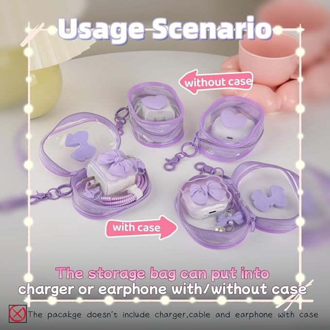 Charging Cable Storage Bag, Cute 3D Bow Tie Waves Design Transparent Compact Travel Cables Carrying Storages Case Electronic Accessories Charger Cord Wire Organizer, Purple Bow