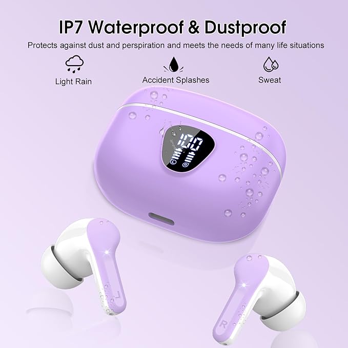 Wireless Earbuds, Bluetooth 5.4 Headphones HiFi Stereo, Bluetooth Earbuds with ENC Noise Cancelling Mic,IP7 Waterproof in Ear Earphones, 48H, LED Display Ear buds for Pad Phones Workout Sports, Purple