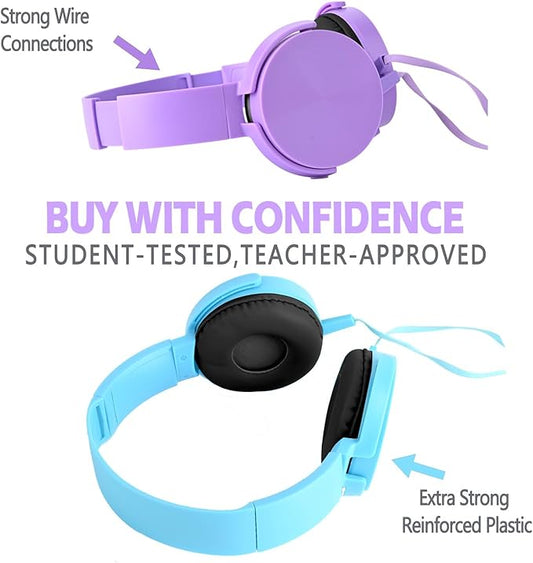2 Pack Kids Headphones for School Classroom, Wired Computer Online Learning Headset for K-12 Students, Durable Soft Swivel On Ear Pads Earphones for Laptop PC Meetings Calls (Light blue+Purple)