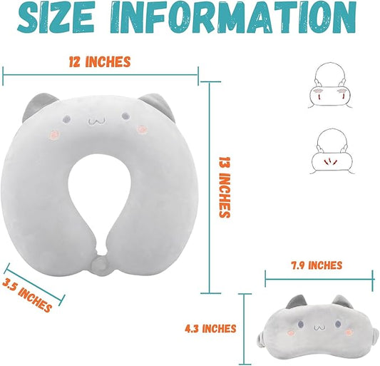 Kids Neck Pillow for Travel with Sleep Eye Mask, Cute Travel Neck Pillow, Memory Foam Flight Sleeping Headrest Pillow for Boys & Girls, Airplane, Train, Car, Home Use - Grey Cat