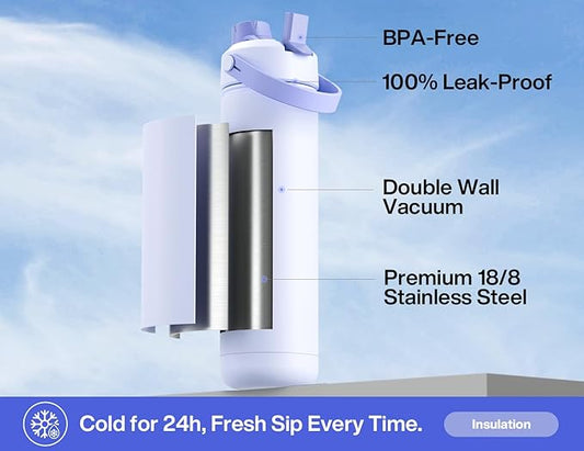 POWCAN 26 oz Insulated Water Bottle with 2-in-1 Straw and Spout Lid, Keep Cold 24H, Leak-Proof, Fits in Car Cup Holder, Stainless Steel Water Bottle for Sports, Travel, and School (Lupine)