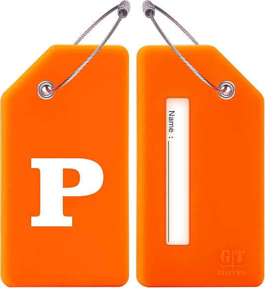 Gostwo 2 Pack Silicone Luggage Tags for Suitcases, 26 Initial Letter Baggage Labels Handbag School Bag Suitcase Instrument Tag with Stainless Steel Loop(Orange)(Letter P)