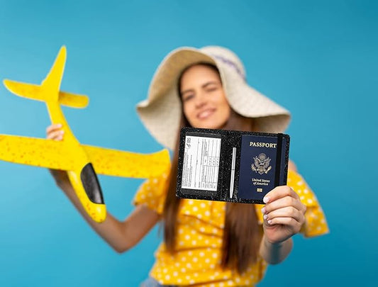 Caweet Passport Holder and Vaccine Card holder Combo RFID Blocking Leather Vaccination Card Wallet with Elastic Band Closure, Glitter Black