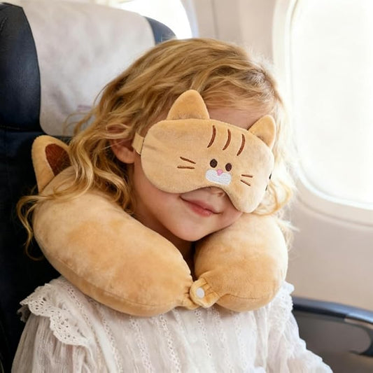 Kids Neck Pillow for Travel with Sleep Eye Mask, Cute Travel Neck Pillow, Memory Foam Flight Sleeping Headrest Pillow for Boys & Girls, Airplane, Train, Car, Home Use - Ginger Cat