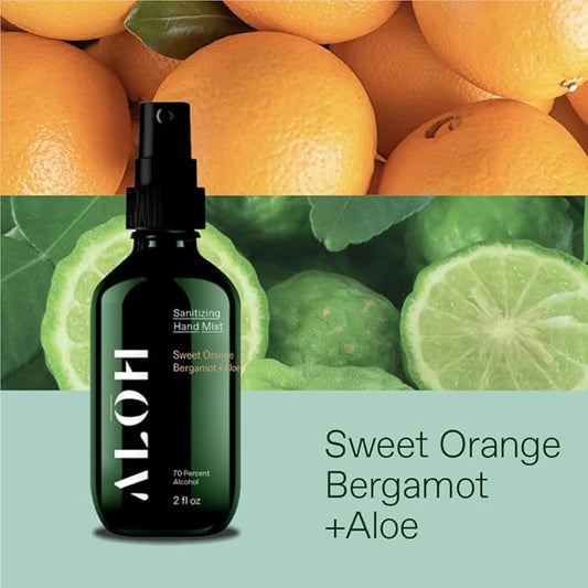 ALOH Hand Sanitizer Spray Liquid 3-pack | Sweet Orange Bergamot + Aloe | 70% Alcohol Hydrating Hand Sanitizer Spray with Essential Oil, for Kids & Adults | 2oz Travel Size Bottle (set of 3)
