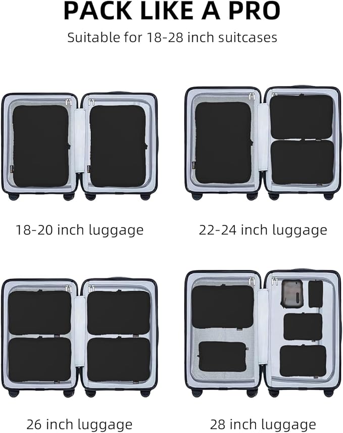 6 Set Compression Packing Cubes for Travel, Large Medium Small Luggage Organizers, Storage Bags for Clothes (6 Pack, Jet Black)