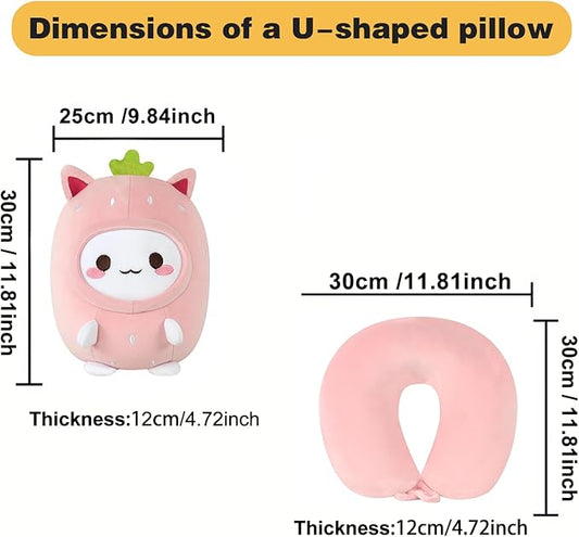 Kids Travel Pillow - 2-in-1 Deformable Kids Neck Pillow for Traveling, Soft U-Shaped Pillow with Adorable Animal Design, Comfy Sleep and Play, Ideal for Airplanes and Traveling (Pink Strawberry)
