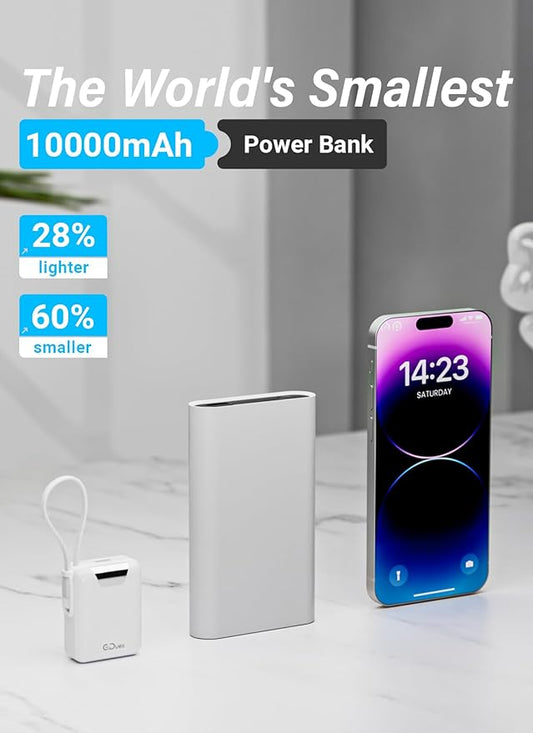 Mini Portable Charger, 10000mAh Ultra-Compact Power Bank, 22.5W PD Fast Charging, Tpye-C Built-in Cable, Small Size External Battery Pack for iPhone, Samsung, Android iPad (White)