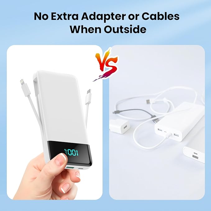 Portable Charger for iPhone with Built in Cables and Wall Plug,Upgraded 13800mAh Fast Charging USB C Power Bank,4 Outputs Travel Essential Battery Pack Compatible with iPhone 17/16/15,Samsung-White