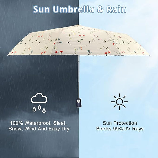 Cuby Travel Umbrella Compact Folding Auto Open and Close for Windproof, Rainproof & 99.9% UV Sun Protection Parasol with Black Anti-UV Coating (Flowers)