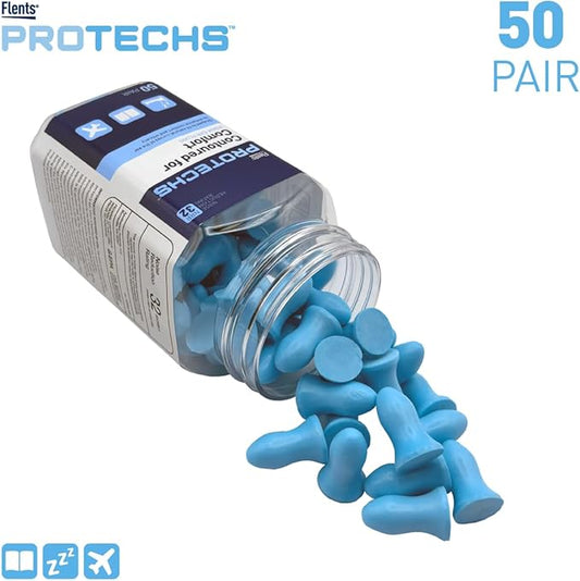 Flents Protechs Contoured for Comfort Foam Ear Plugs, Soft & Comfortable Hearing Protection for Work, Construction, Heavy Machinery, Studying, Travel & Sleep, NRR 32, Easy to Use, Blue, 50 Pairs