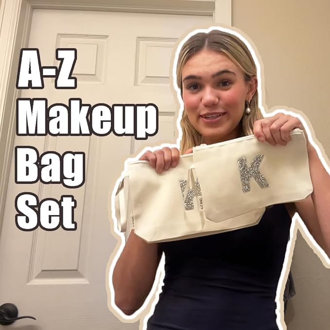 A-Z BAG 2pcs Personalised Makeup Bag Set, Canvas Cosmetic Bag with Rhinestone Initial, Birthday Gifts for Women (C, Beige)
