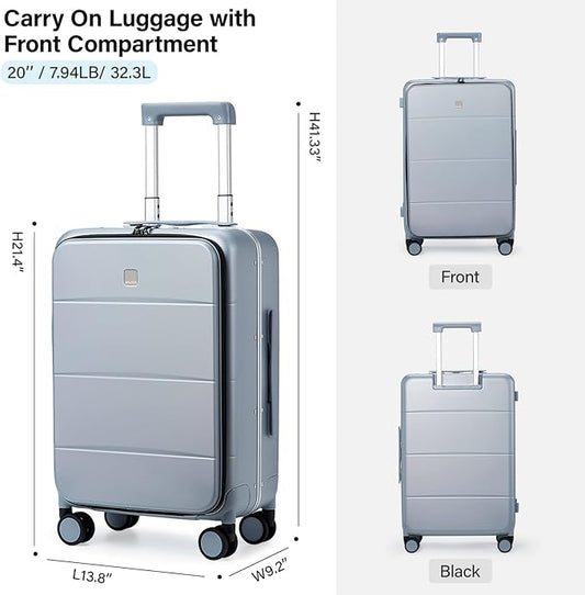 MILADA Carry On Luggage 22x14x9 Airline Approved Spinner Wheels TSA Luggage Hard Shell Suitcases Front Opening Pocket For Women Men Rolling Aluminum Frame Travel Luggage 20 Inch, Grey