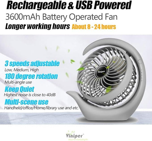 Viniper Portable Rechargeable Fan, Small Desk Fan : 3 Speeds & about 8-24 Hours Longer Working, 180ยฐ Rotation, Portable Fan Small but Mighty, Strong Wind (Grey, Light Black Blade)