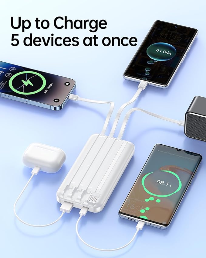 Portable Charger with Built in Cable - Power Bank Fast Charging USB C LED Display 10000mah Battery Pack 5 Outputs & 3 Inputs for Travel Essentials iPhone Samsung Android Phones Tablets Grey